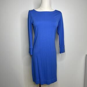 Lilly Pulitzer Stretchy Blue Knit Dress with Gold Button on Shoulders - Size XS